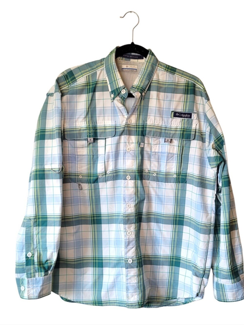 Columbia Men's Super Bahama Plaid Button-Down Shirt Green White Blue Size S